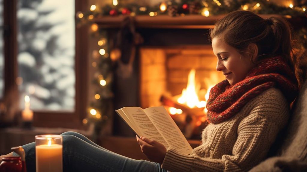 Woman Seated Comfortably Fireplace in a Cozy Winter
