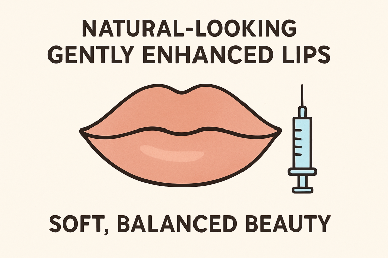 Illustration of full, natural-looking lips next to a syringe, promoting soft and balanced beauty through lip fillers.